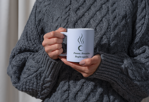 White ceramic Slow Sip Ritual Mug with moon and steam design and Pause Breathe Begin Again quote