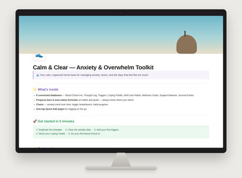 website  interface titled 'Calm & Clear — Anxiety & Overwhelm Toolkit
