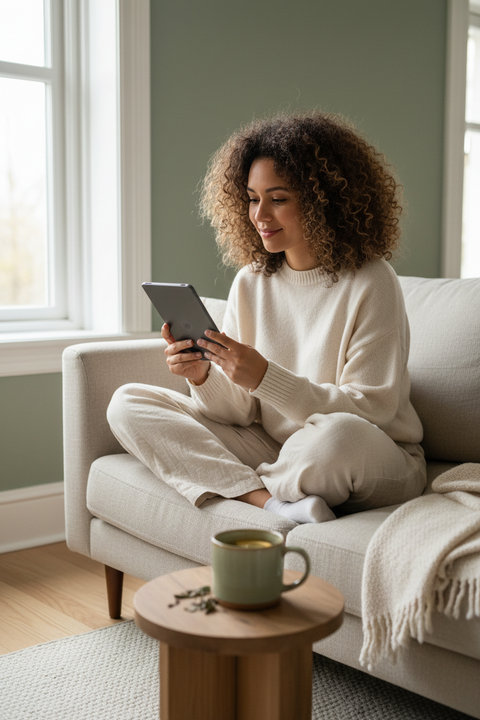Woman relaxing and reading the You've Got This wellness ebook on an e-reader