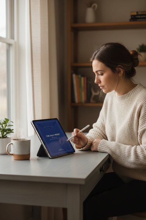 Woman journaling in The Daily Reset digital wellness PDF on a tablet at a calm desk