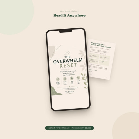 The Overwhelm Reset PDF guide shown on a smartphone screen, mobile-friendly digital download