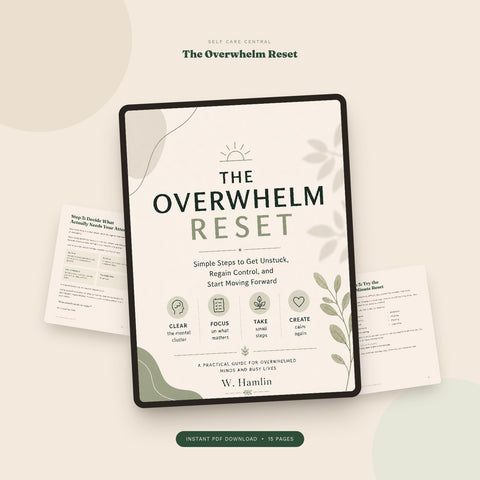 The Overwhelm Reset PDF guide displayed on a tablet, digital download